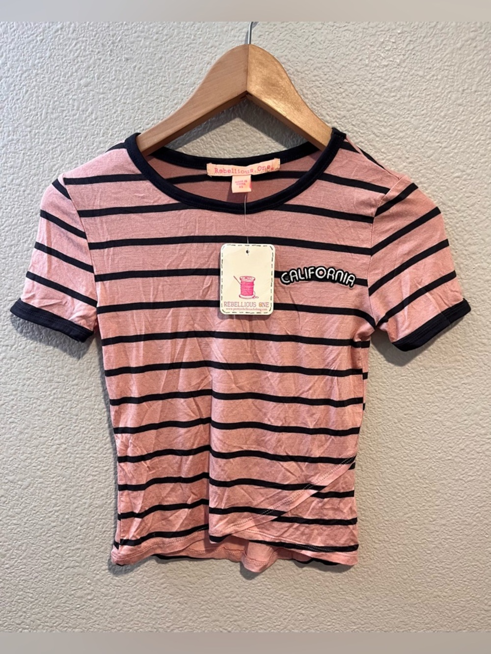 Rebellious One Baby Tee Embroidered Cali Stripe Pink & Black XS